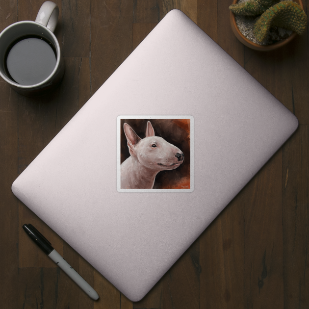 A Painting of a Bull Terrier Smiling on Hot Dark Orange Background by ibadishi